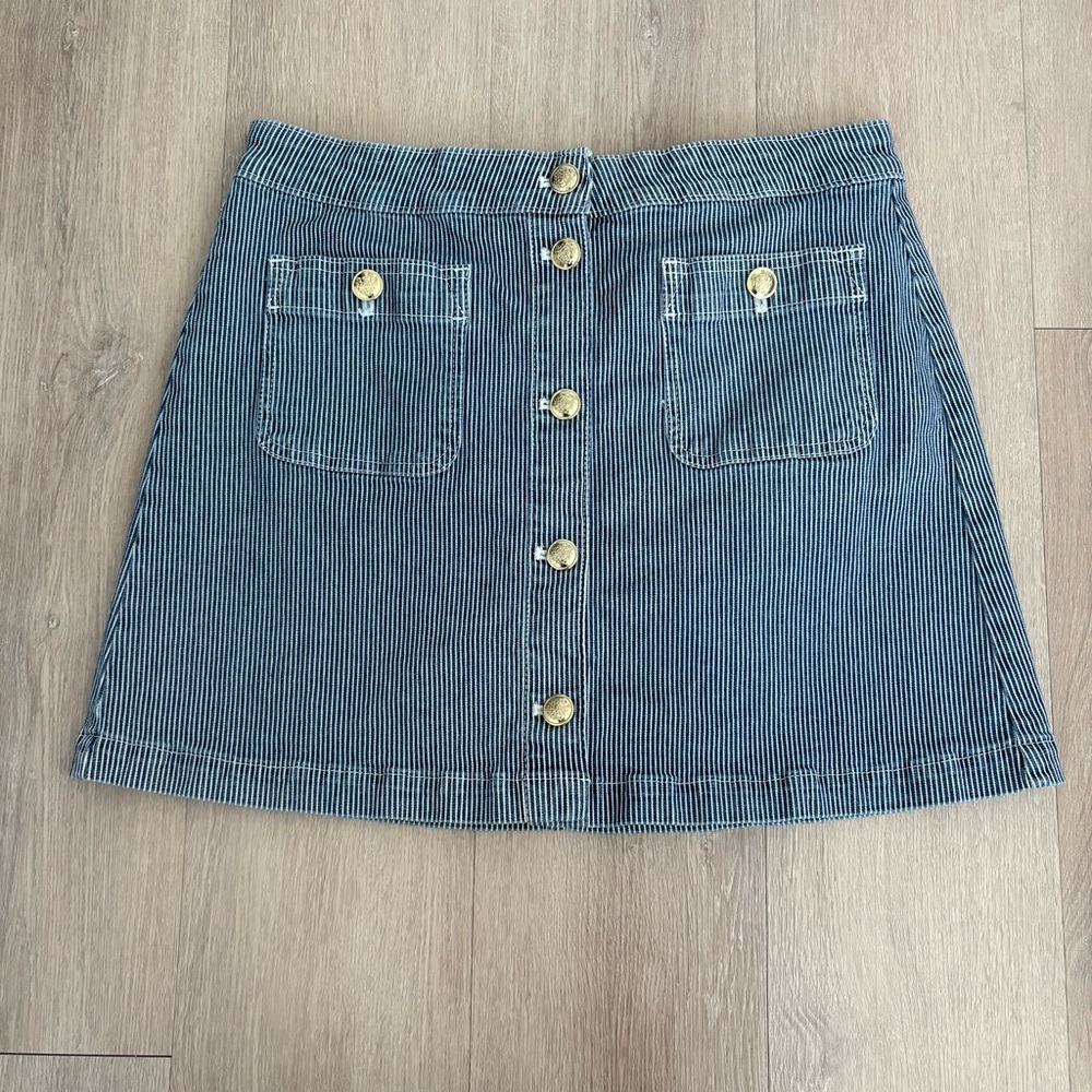 Free Assembly Womens Mini Skirt Size 14 Blue Denim Striped Gold Buttons Pockets